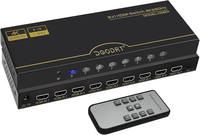DGODRT 8×1 HDMI Switch 8 in 1 Out, 8 Port 4K HDMI Switcher Selector Box with IR Remote Control, Support 4K@30Hz Ultra HDR HDCP 3D 1080P for Xbox PS4 PC Laptop - Image 1